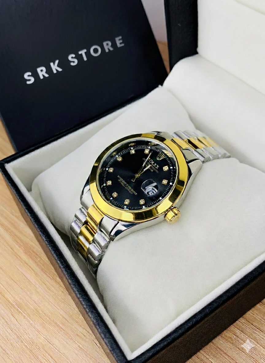 Classic Rolesor Watch | Black Diamond Dial