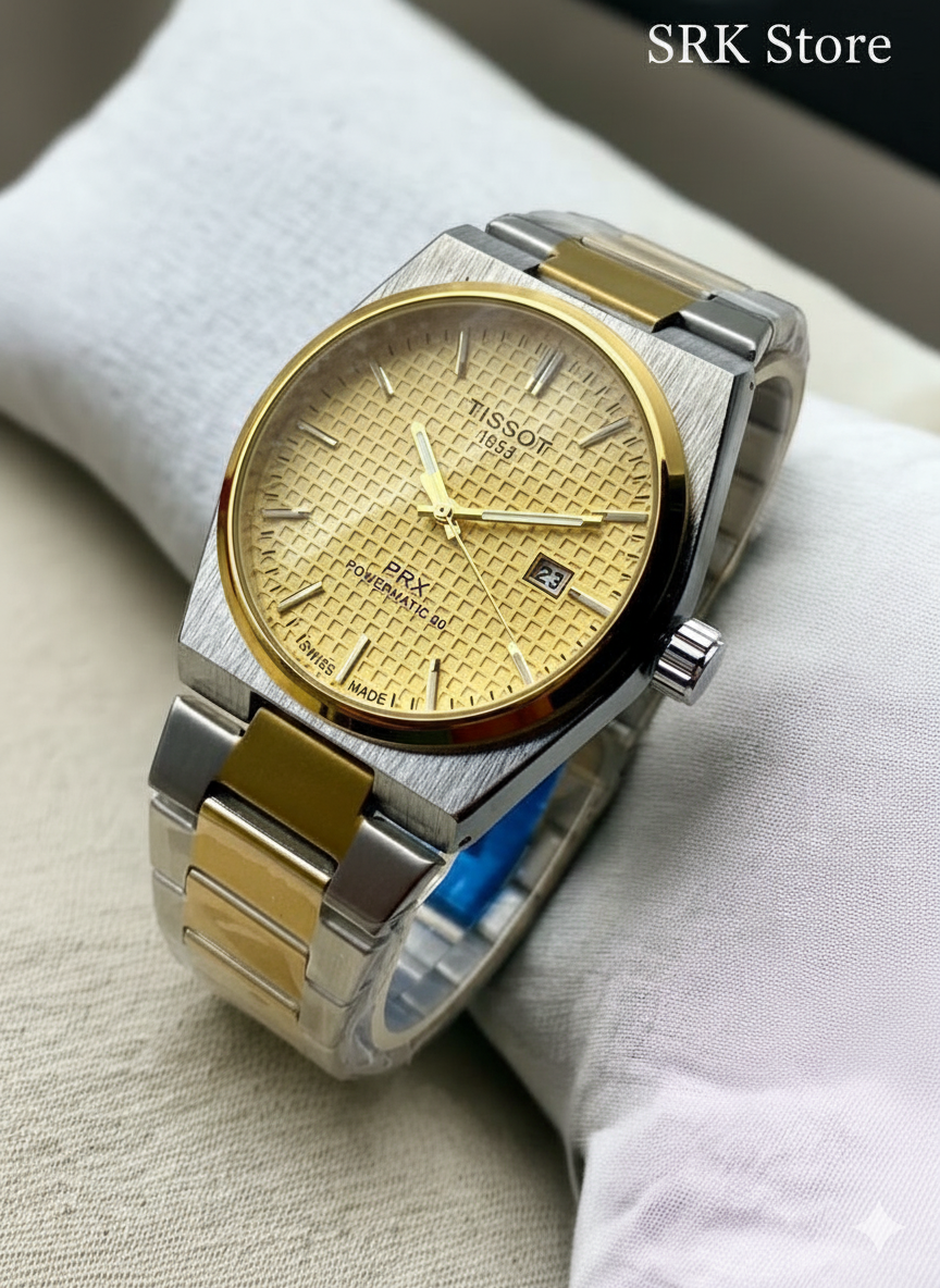 Tissot PRX Powermatic 80 Gold Textured Dial Two-Tone Watch.